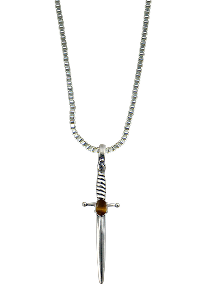 Sterling Silver Detailed French Sword Pendant With Tiger Eye